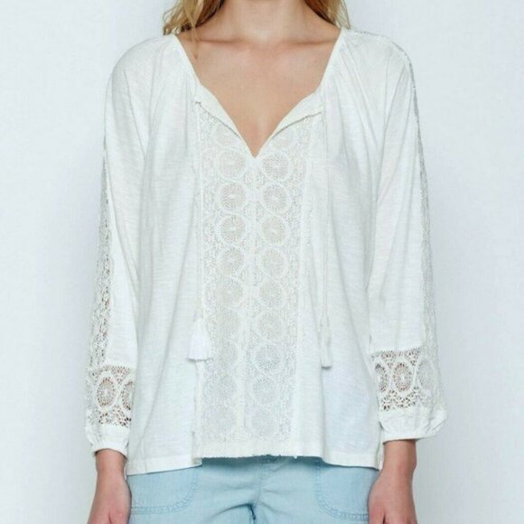 Soft Joie Tops - Joie Feyah White Crochet Lace Embroidered Tassel White Boho Long Sleeve Top